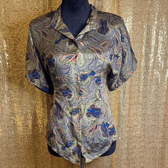 Royal Silk Tops - Elegant Paisley Button-Down Shirt in Blue and green 100% SILK!!